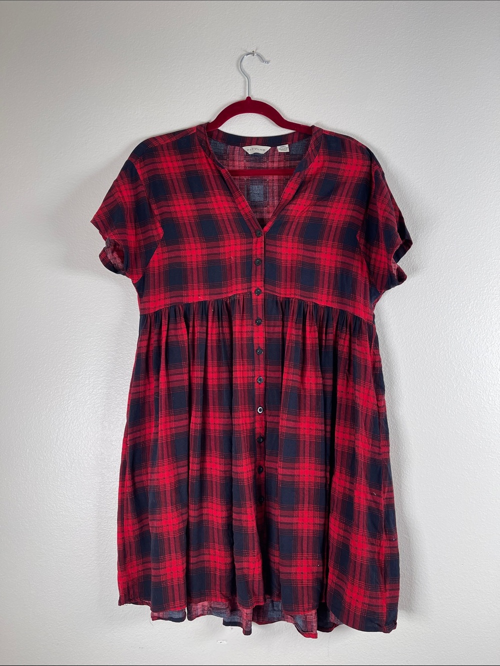 Red & Black Plaid Button-Front Short Sleeve Dress